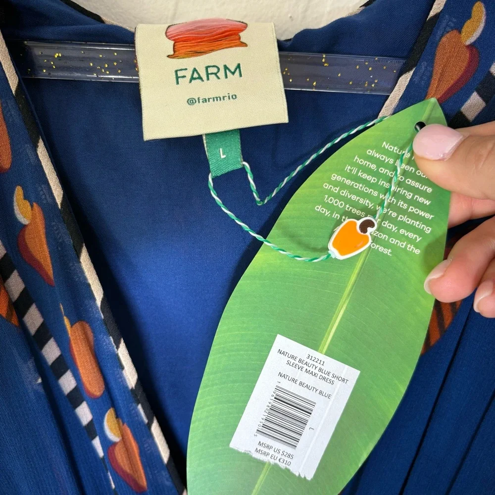 Farm Rio Nature Beauty Maxi Dress Blue Boho Print Short Sleeve Size Large NWT - Picture 7 of 12